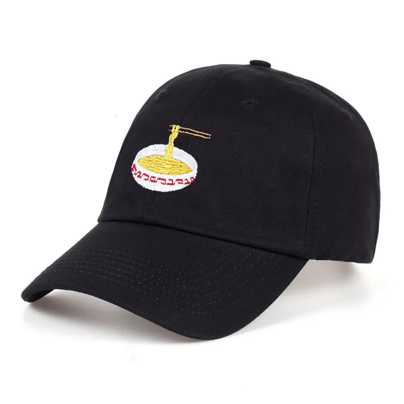 Cotton baseball cap with embroidered design and duck tongue brim in black, blue, pink, and white