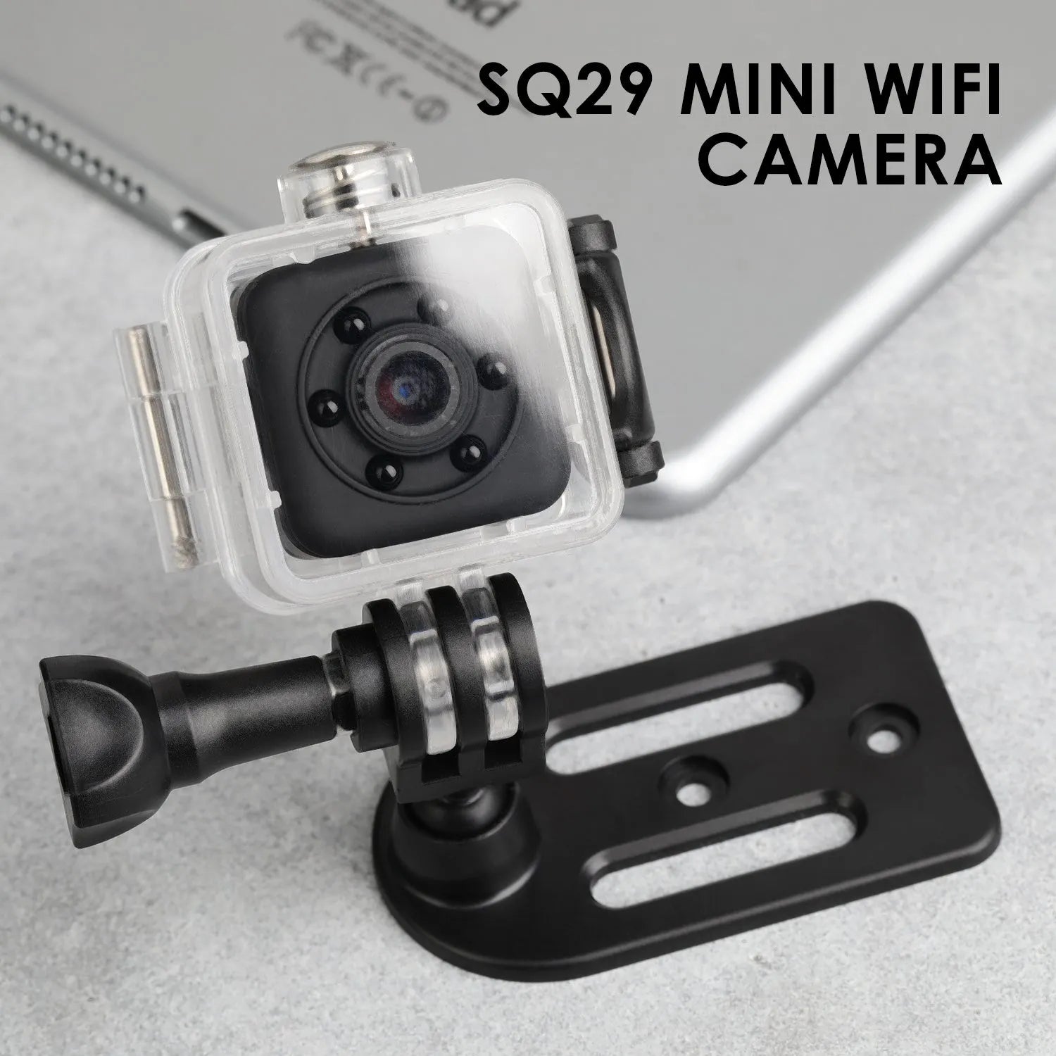 Black waterproof sports camera with MicroUSB port, shown with a 32GB memory card.