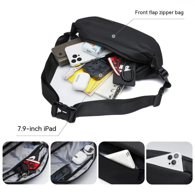 Black men's messenger bag made from Oxford cloth with a one-shoulder strap.