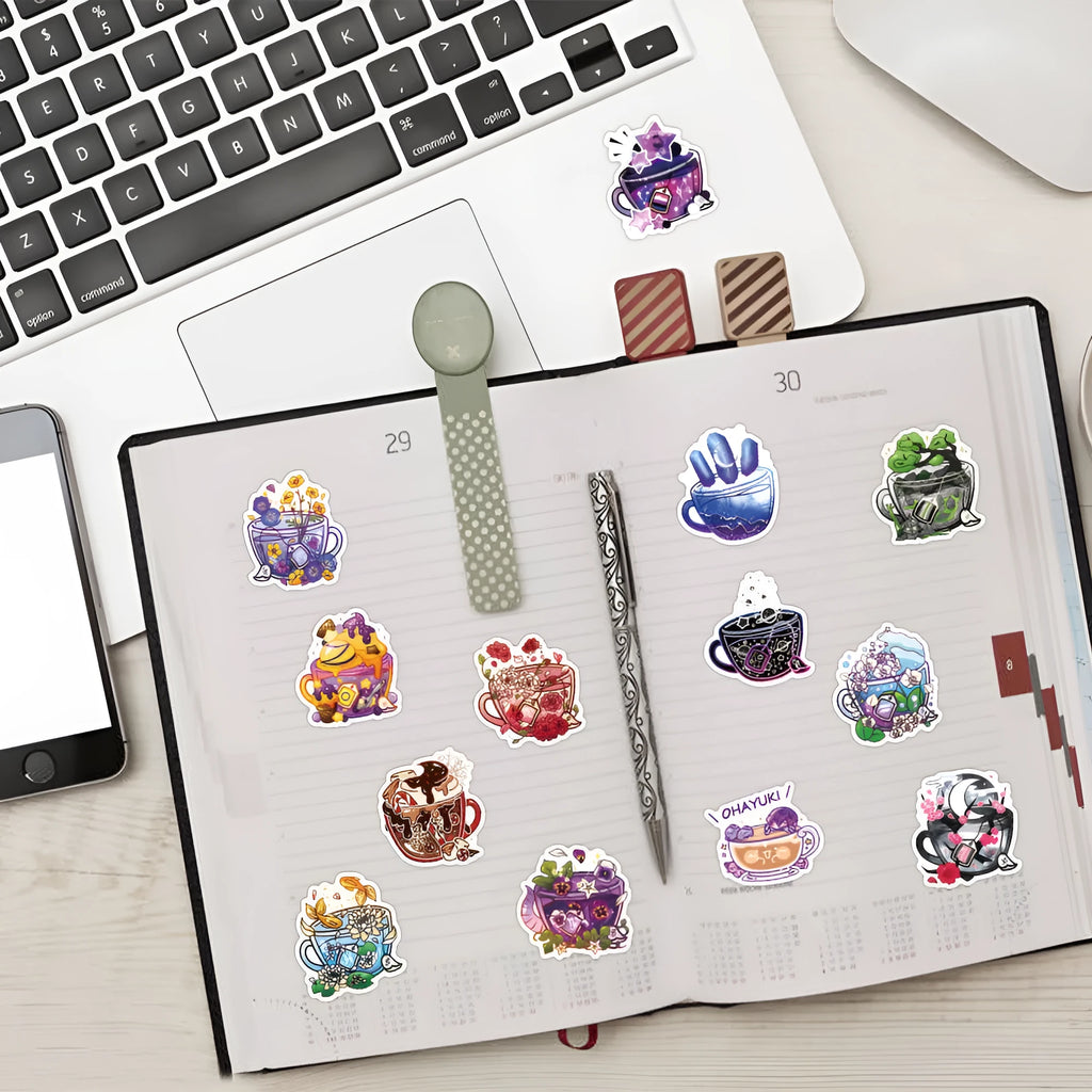 Colourful tea cup graffiti waterproof stickers in 50-piece set for luggage and scooter personalisation