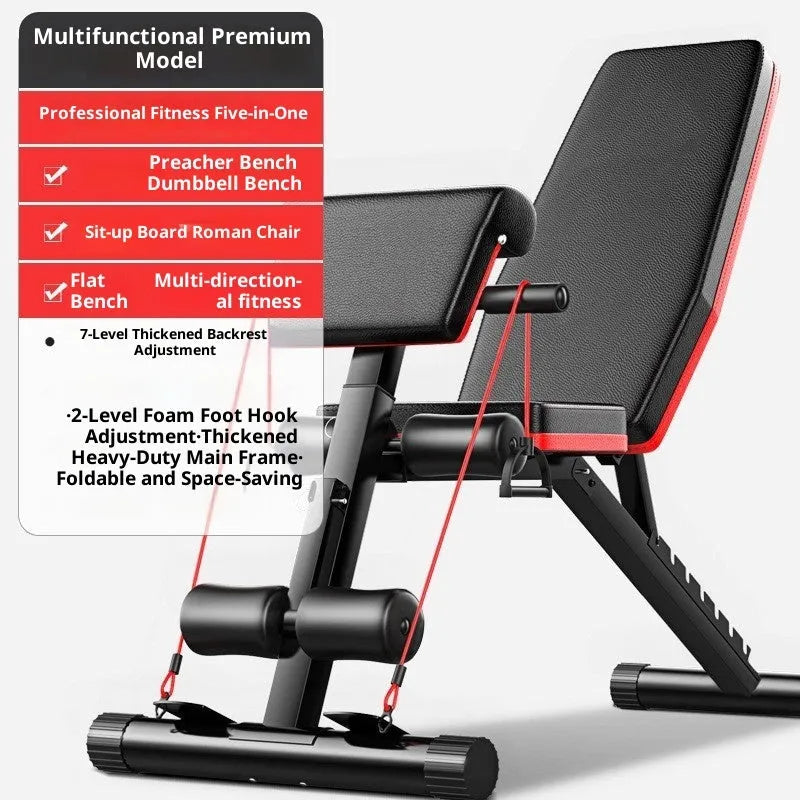 Home multi-function incline board fitness bench with metal frame, foldable, adjustable height, includes pull rope and support rod