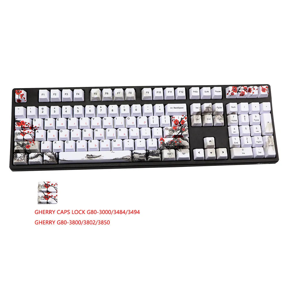 PBT Wangjiang plum 109-key keycap set with five-sided sublimation, OEM height, in Japanese layout on a mechanical keyboard