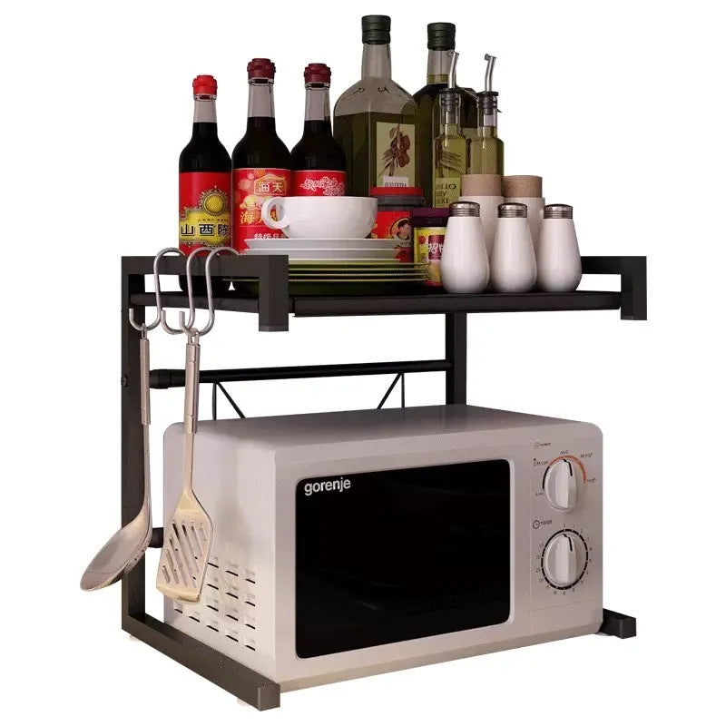Retractable metal kitchen microwave rack on countertop with 2-layer shelf and no-punch installation