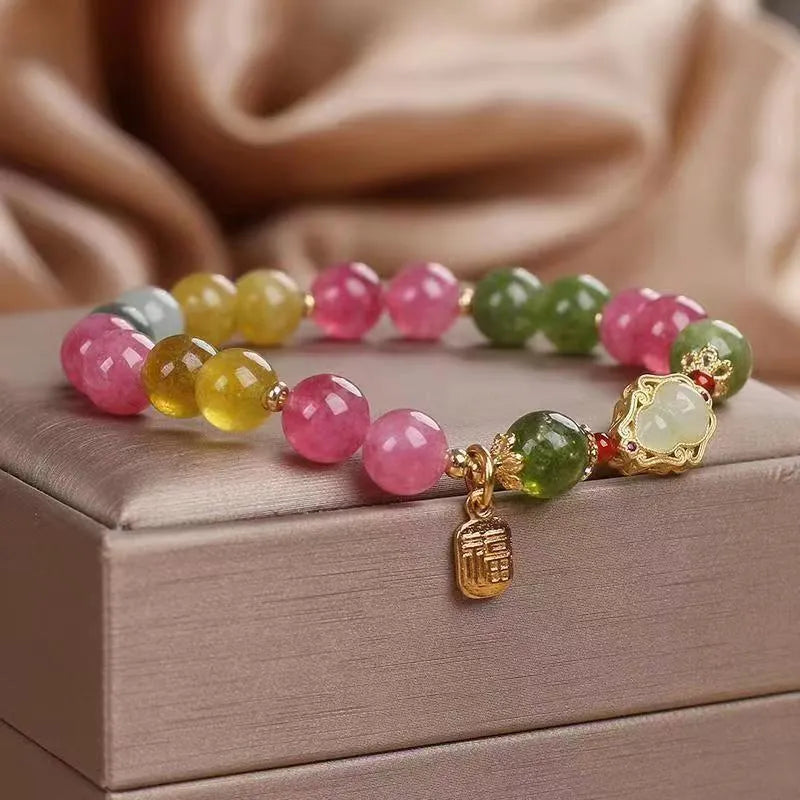 Women's bracelet with colourful tourmaline gourd blessing card charm and electroplating finish