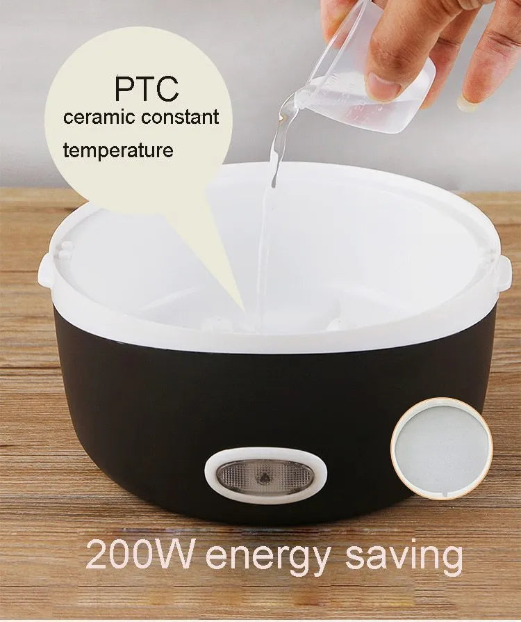 Electric lunch box with USB power port showing two-layer design measuring 190mm