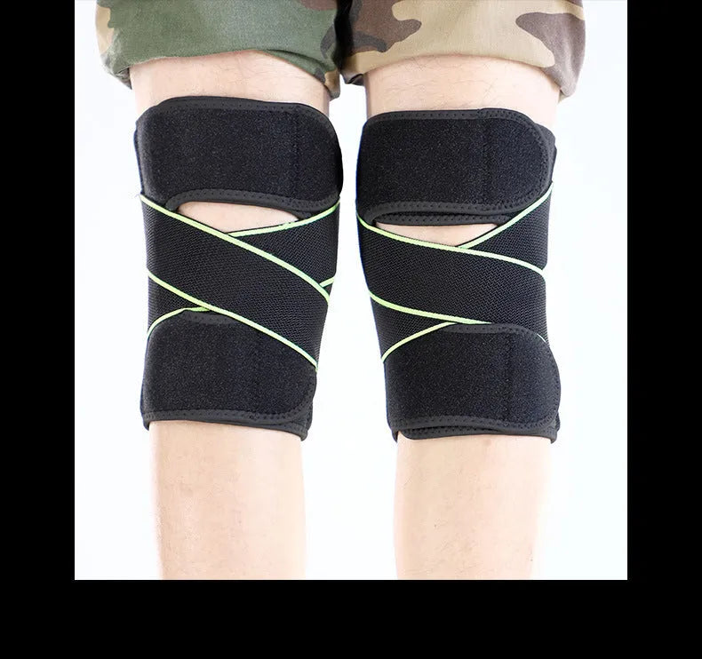 Outdoor sports compression knee pad made of OK cloth and Lycra with metal springs and magic buckle in black