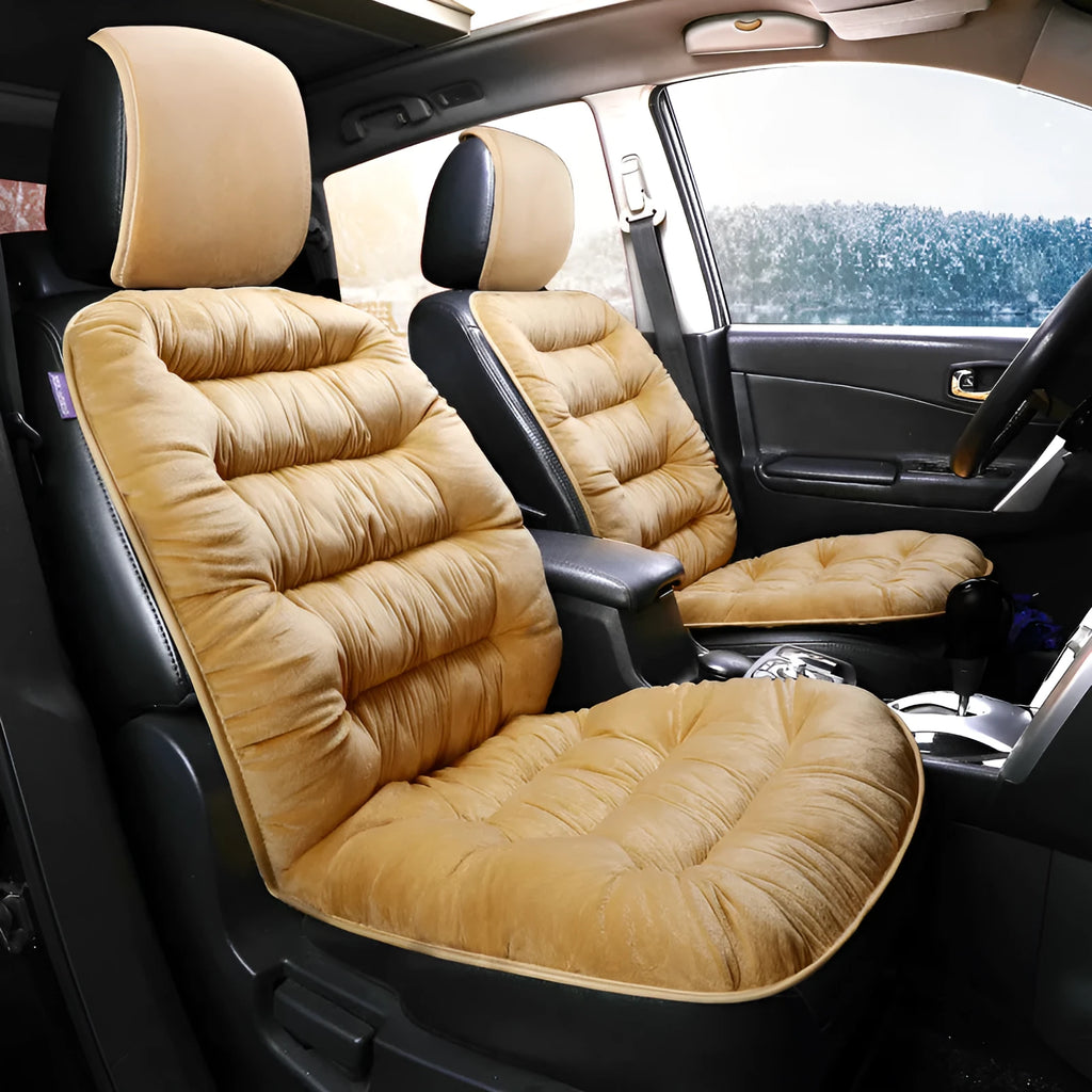 Universal winter warm plush car seat cushion in beige, fitting front seat of a car with elastic strap