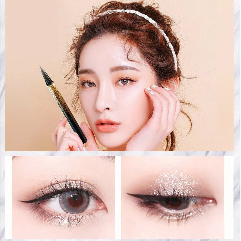 Golden pearlescent liquid eyeliner by Star Series with fine tip applicator, available in Black, Coffee, Gold, and Silver