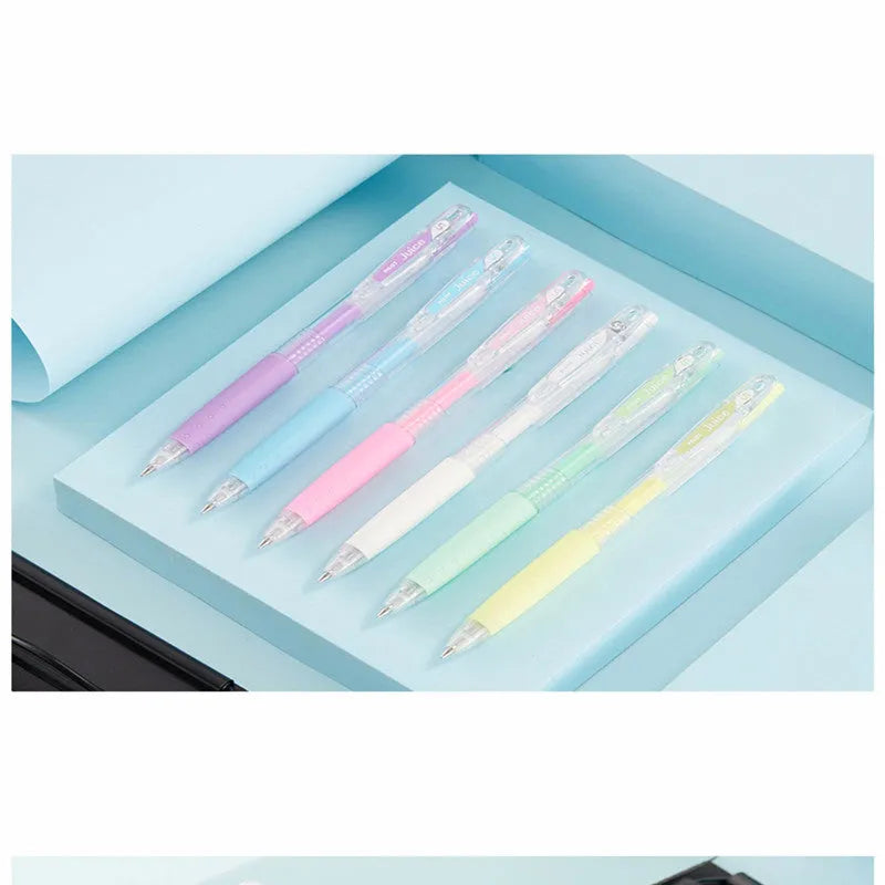 Set of six Direct Juice Baiguole 0.5mm gel pens showing metallic gold, silver, and pastel coloured barrels.