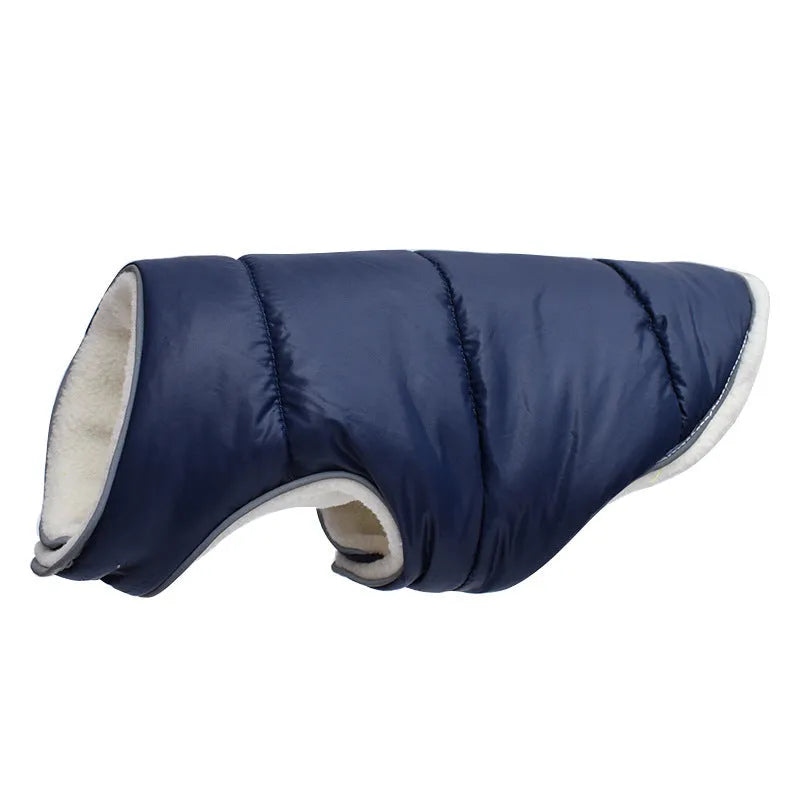 Reflective warm dog jacket in orange fleece material with reflective strip