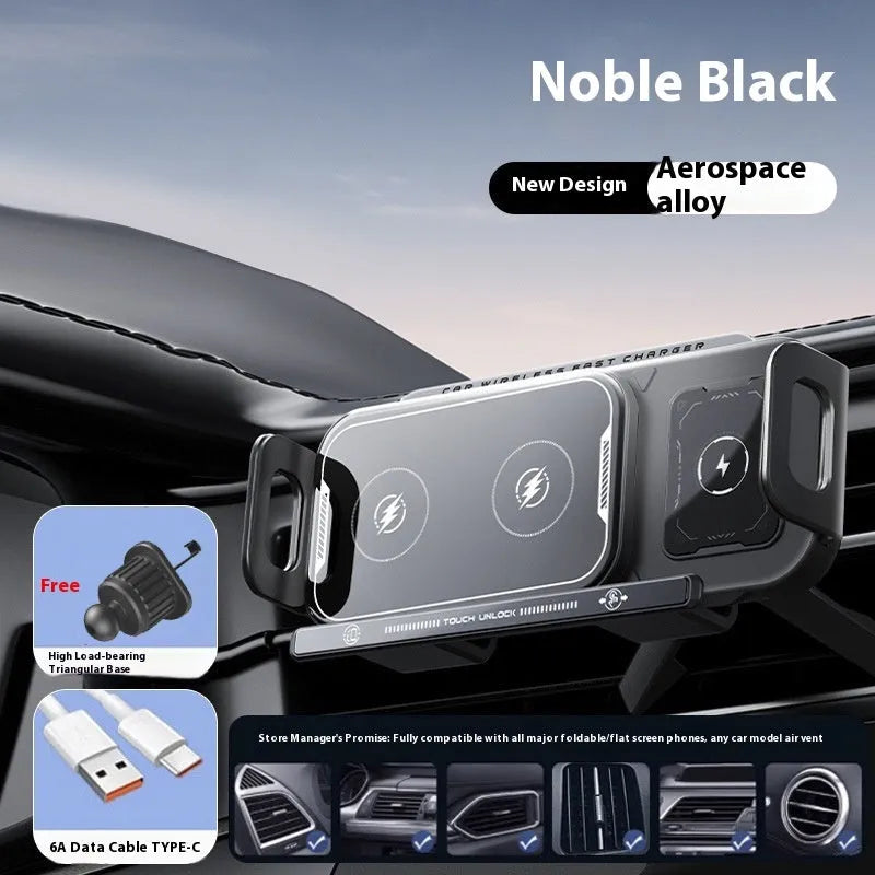 Foldable wireless car charger in Xingyao Black with Z1 base and phone mounted showing 15W fast charging