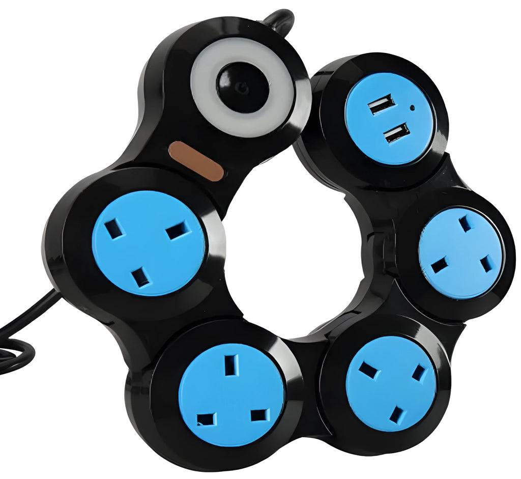 UK power strip with five sockets, two USB ports and rotating tow board design in white or black