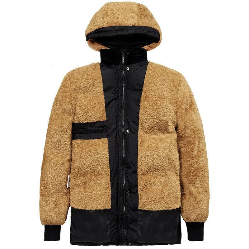 Man in a black double-breasted hooded padded jacket with a velvet lining.