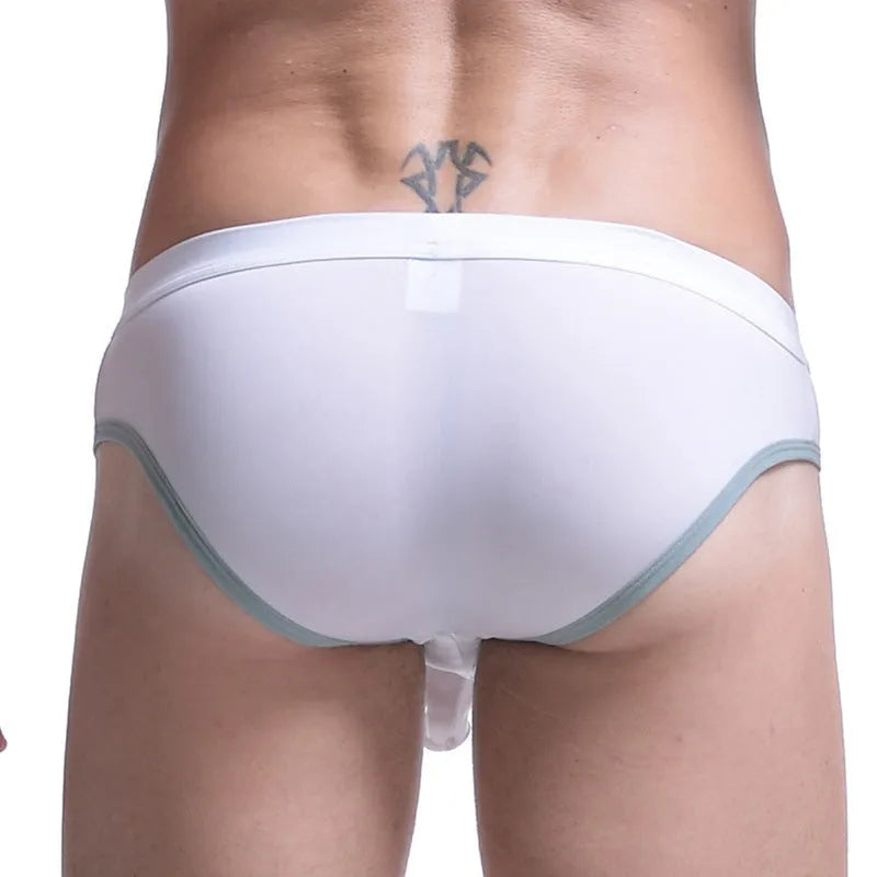 Men's ice silk briefs with bullet separation in seven colour options showing mid waist design