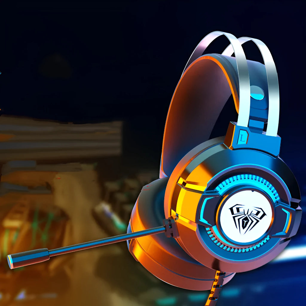 Black S602 gaming headset with colourful breathing light on ear cups, detachable microphone, and padded headband