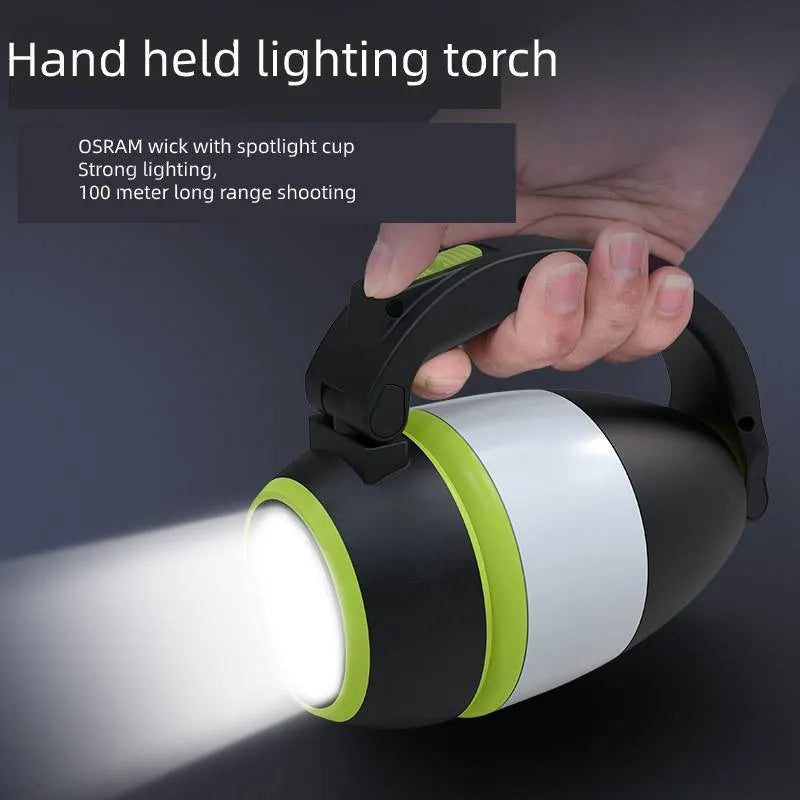 Black green multifunctional LED camping lamp with adjustable head, shown with USB cable.