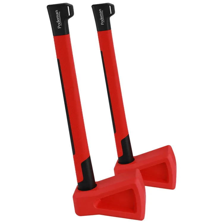 Red plastic axe-shaped muscle trainer fitness equipment on a plain background.