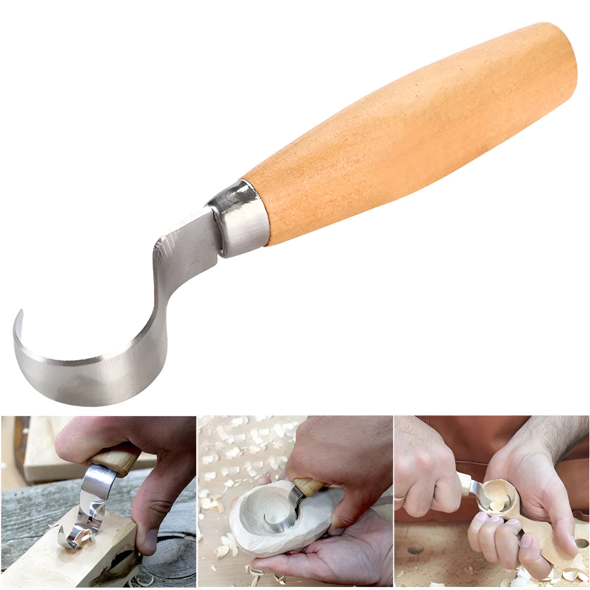 Spoon carving knife with stainless steel blade and wood handle for wood carving.
