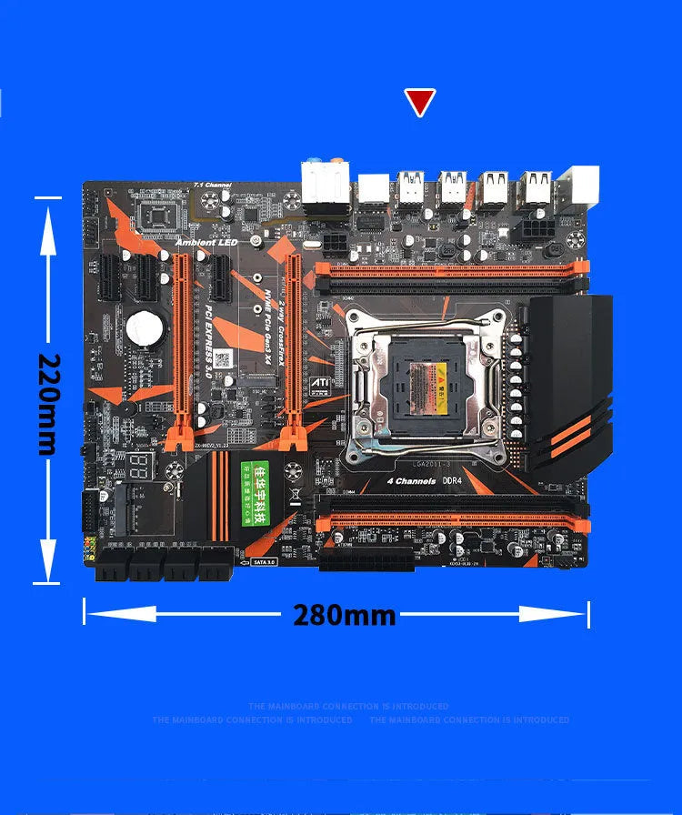 Black X99 series desktop motherboard with LGA2011-3 CPU socket, four DDR4 slots, and PCIe expansion slots