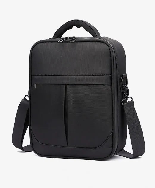 Black Oxford fabric men's messenger bag showing front and side profile