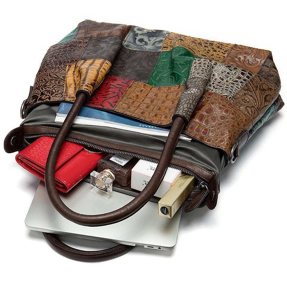 Women top layer cowhide medium handbag with contrast geometric embossing, soft handle, and open-top design