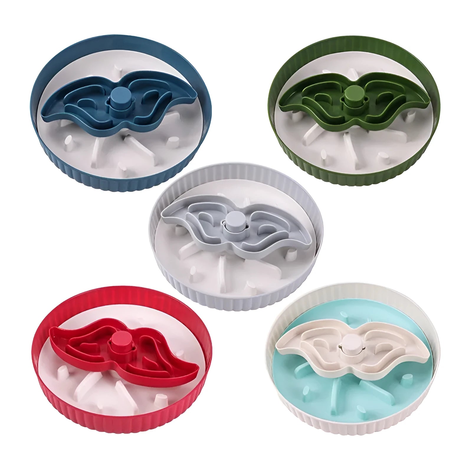 Rotating plastic pet feeding game board with blue silicone licking mat and a separate white bowl on a wooden table.