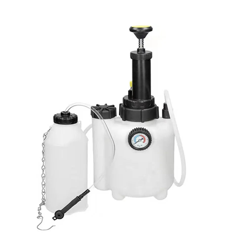 White 3-litre plastic brake fluid tank with copper and iron pump fittings for automotive service.