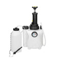 White 3-litre plastic brake fluid tank with copper and iron pump fittings for automotive service.