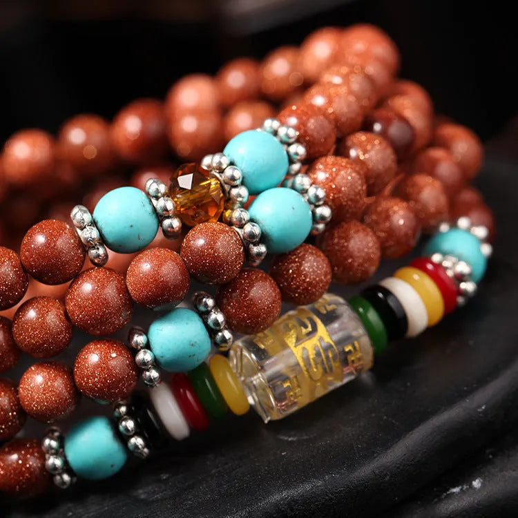 Golden Star Stone multi-circle mantra bracelet with 108 nugget sand beads and fu character design