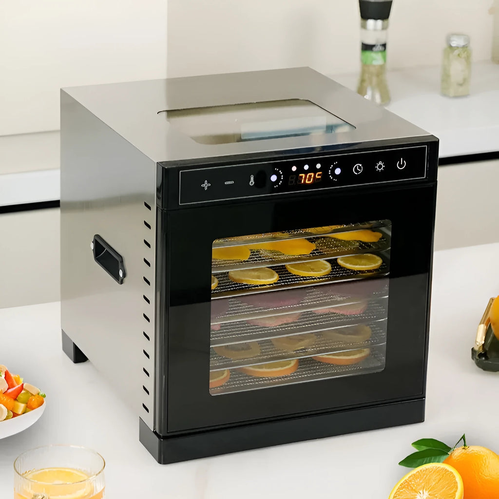 Stainless steel fruit dehydrator machine with multiple drying trays and LED control panel