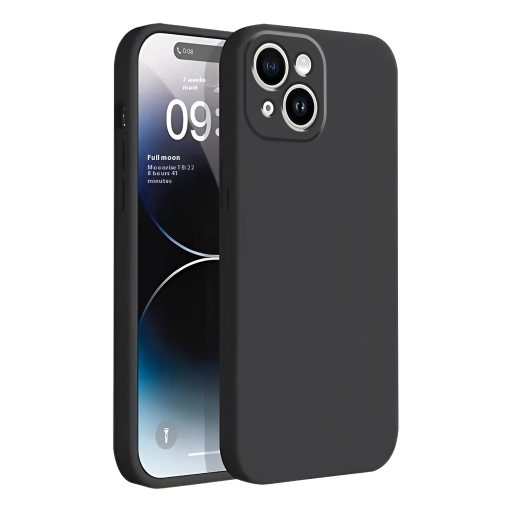 TPU silicone gel protective phone case for iPhone in classic black, showing camera cutout and edges