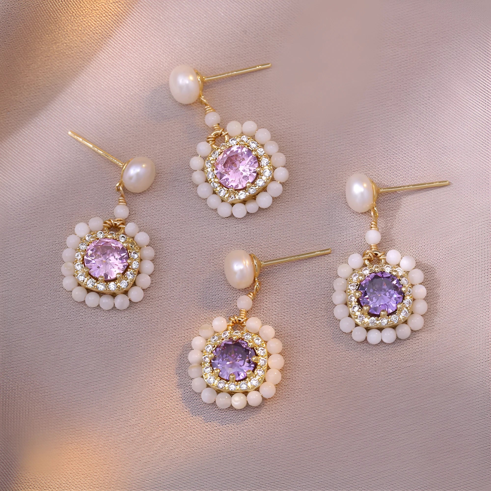 Natural freshwater pearl flower-shaped earrings in purple with diamond treatment finish