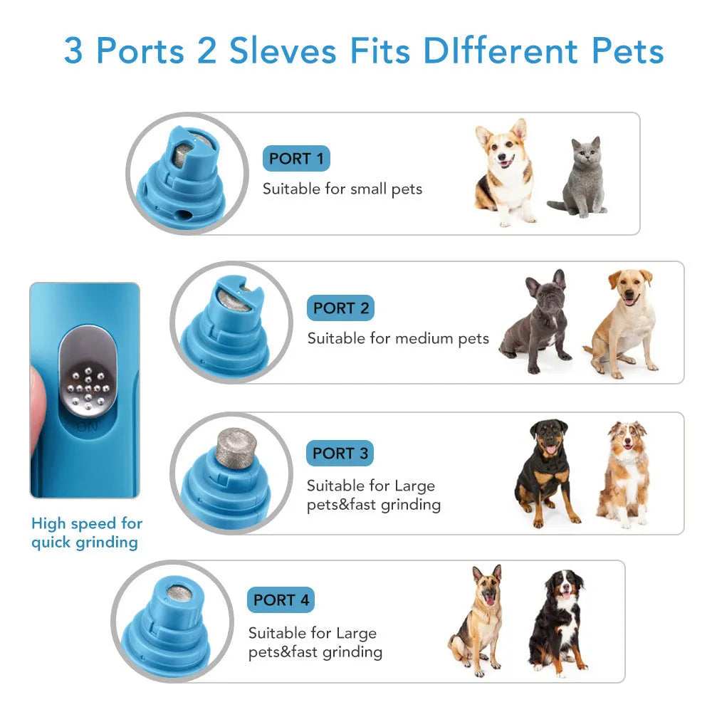 Blue electric pet nail grinder with diamond grinding head for safe dog claw trimming
