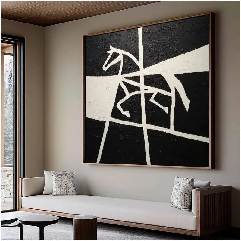 Handmade black and white horse oil painting on canvas, square frameless rolled wall art for home decor