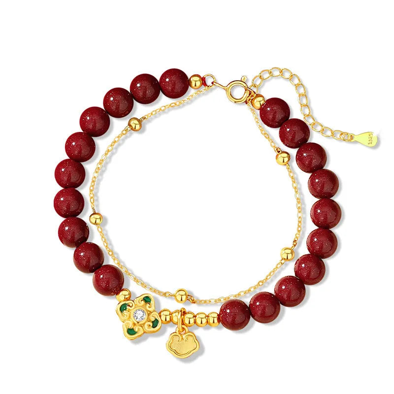 Women's sterling silver bracelet with Ruyi, Xiangyun and cinnabar flower design in colour S0495