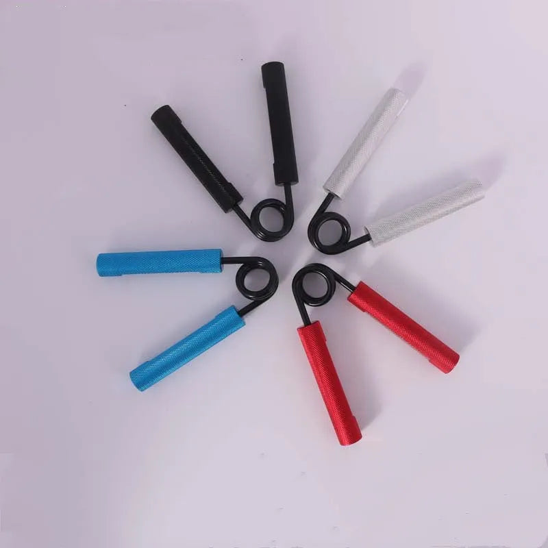 Aluminium alloy hand gripper with spring steel resistance on a neutral background