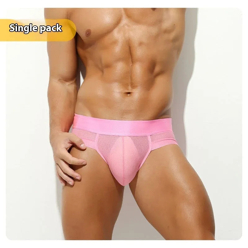 Men's ice silk mesh briefs low waist solid colour nylon underwear in black front view