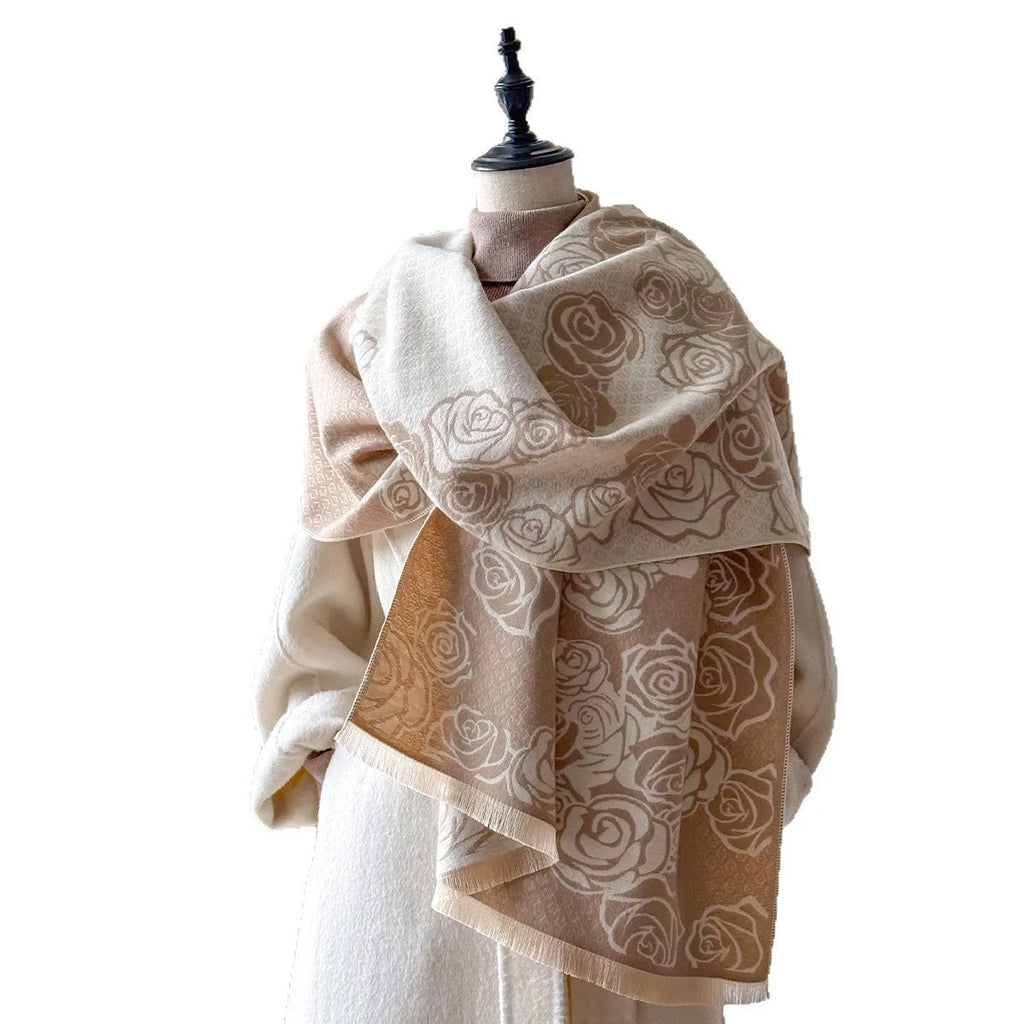 Cashmere-like winter scarf with tassel trim in four colour options showing dimensions of 185cm by 65cm