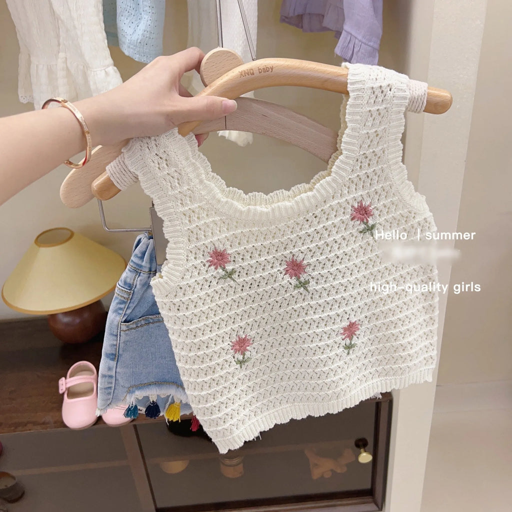 Hollow strap cotton children's vest in beige with floral pattern, pullover style for girls