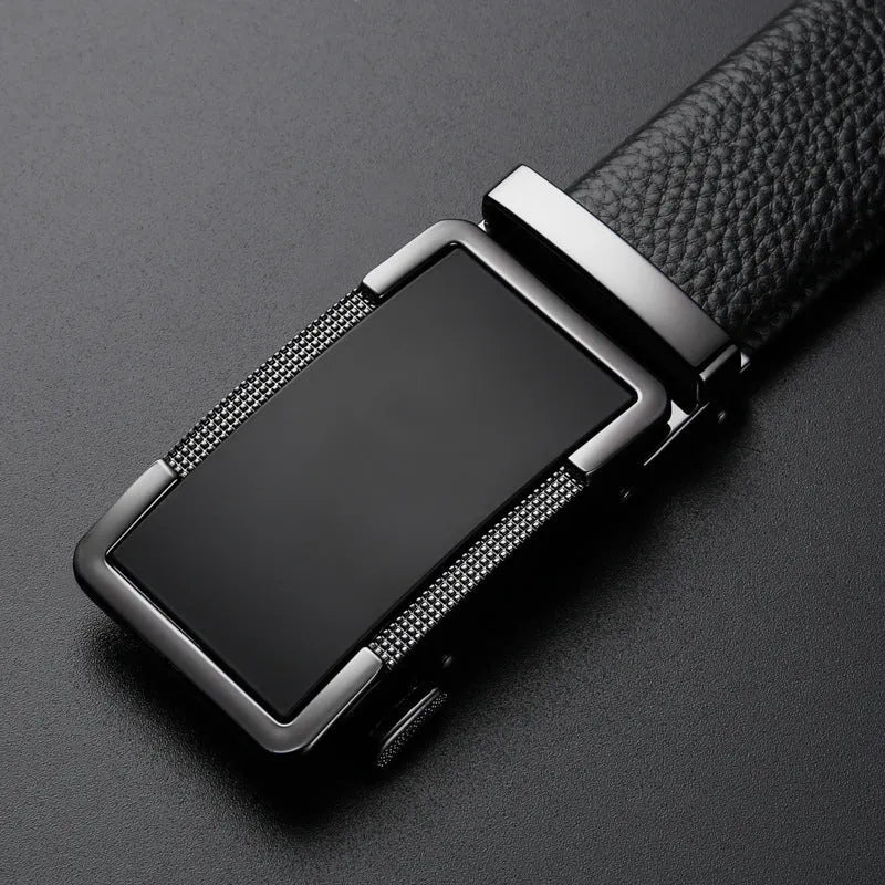 Men's leather automatic buckle belt showing alloy buckle in gun black, silver, or gold colour options.