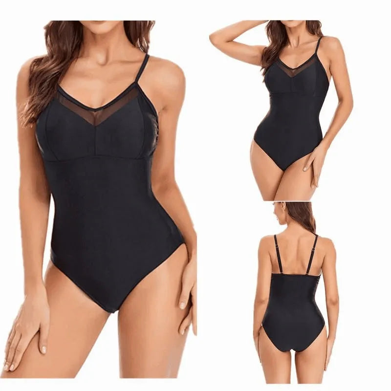 Ladies' solid black backless one-piece swimsuit made from high-elasticity spandex fabric.