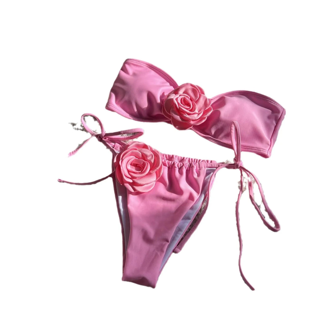 Polyester solid colour rose tube top drawstring strap split swimsuit for women in Milky White, black, red