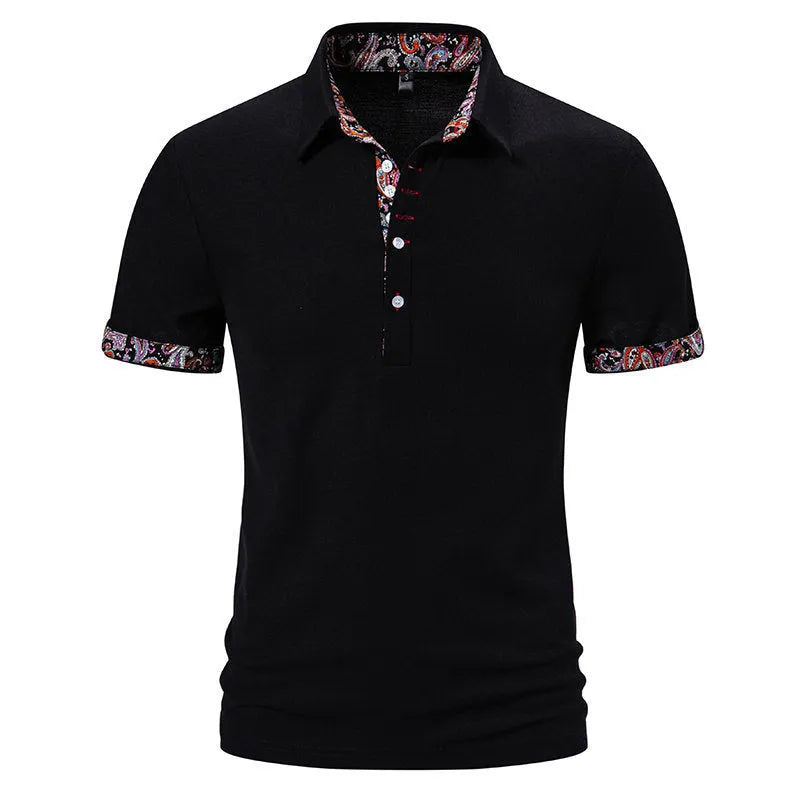 Men's navy blue polo shirt with a white-stitch detail on the turnover collar, short sleeves.