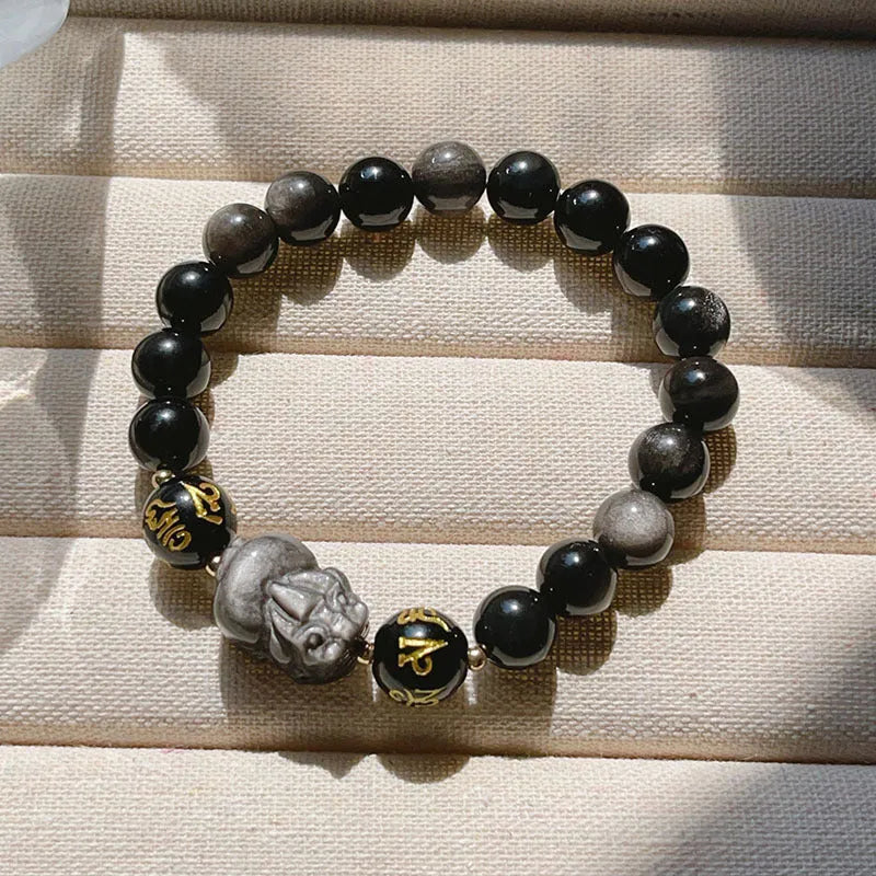 Men's silver stone bracelet with zodiac design and proverb beads in Chinese style