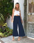 Women's high waist casual trousers in cotton linen blend, cropped length, straight leg with pleating detail.