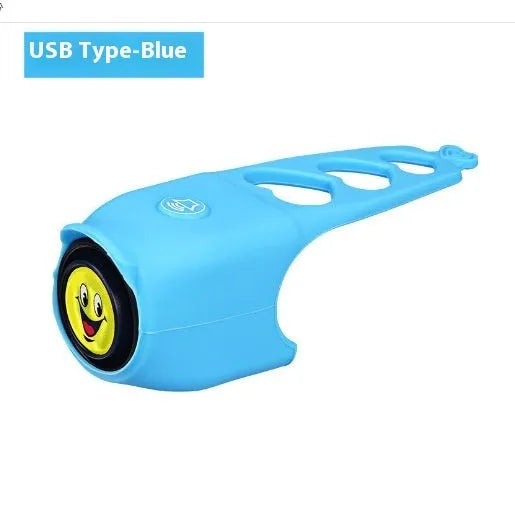 A plastic bicycle electronic horn in a choice of colours, showing handlebar mounting and two button cell batteries.