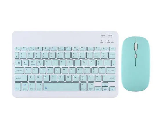 Bluetooth keyboard and matching rechargeable mouse set in elegant pink colour on a desk next to a tablet.