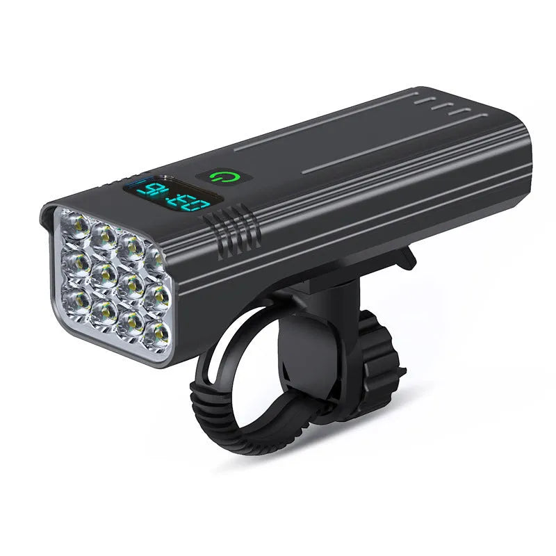 Black KX12DF digital display bicycle headlight with USB port mounted on bike handlebars