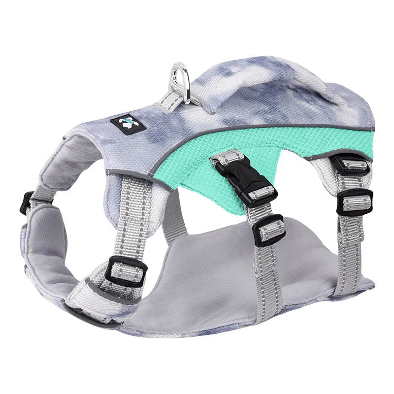 Light blue reflective dog cooling chest strap shown on a dog, with adjustable straps and size label.