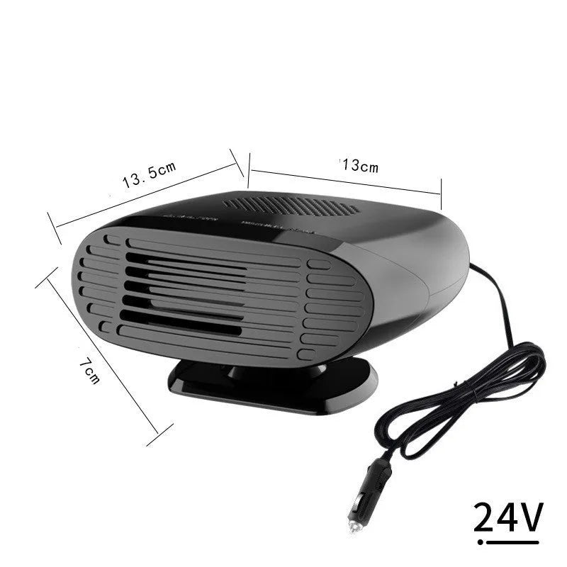 Black 12V car heater with ABS housing and 360-degree rotatable air outlet on dashboard